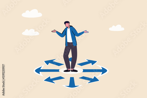 Choose career path, make life decision choice, decide the right or wrong direction, opportunity challenge, confusion or thinking to find the way concept, confused businessman choosing direction.
