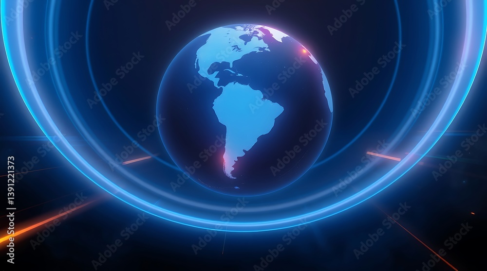 Illuminated Earth: A mesmerizing, luminous globe of planet earth, encased within radiant neon rings. Depicting an image of technology and interconnectedness. Illuminated Earth: A mesmerizing, luminous globe of planet earth, encased within radiant neon rings. Depicting an image of technology and interconnectedness.