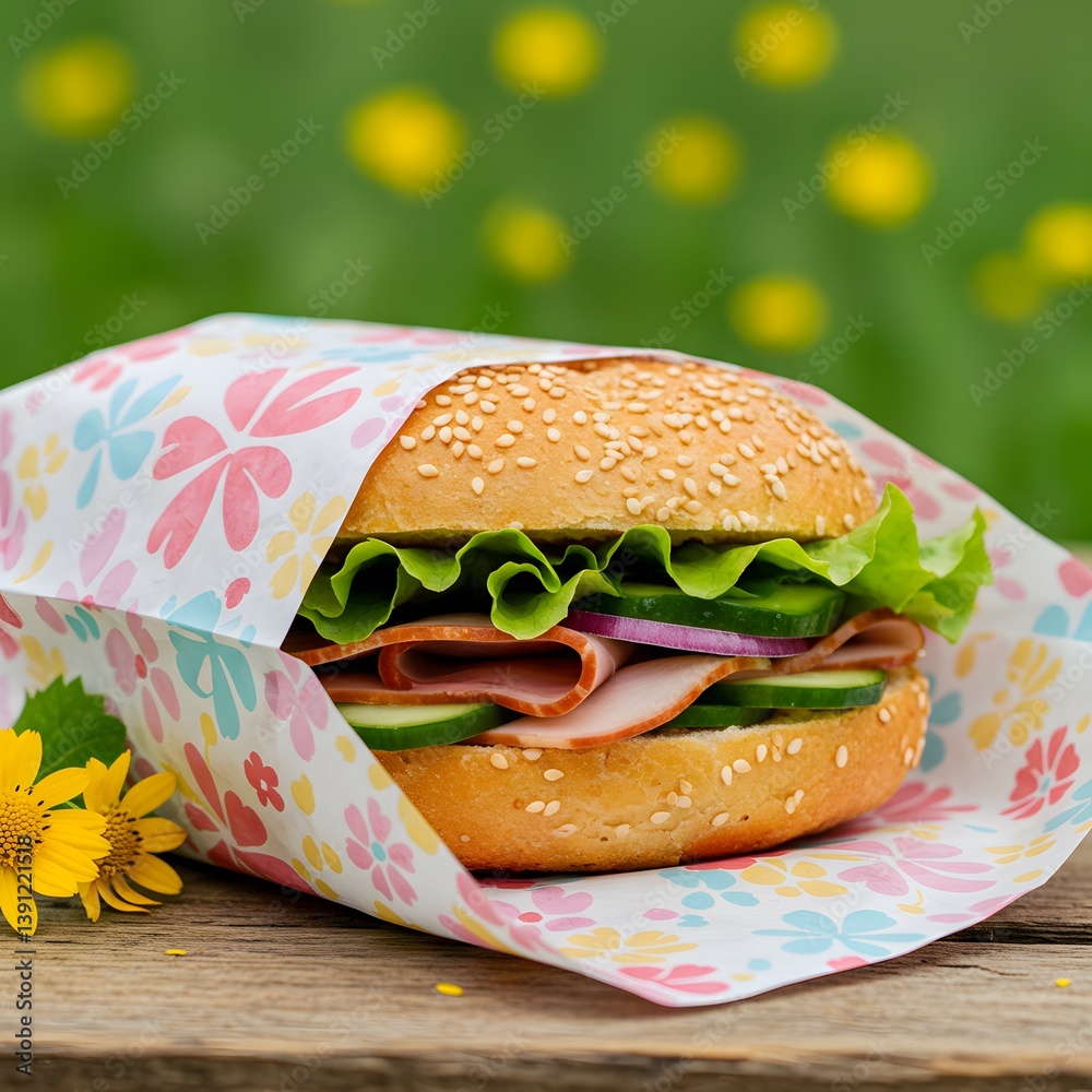 Reusable beeswax food wraps are keeping a sandwich fresh outdoors on a wooden table, outdoor picnic setting, Colorful sandwich wrap, fresh vegetables,