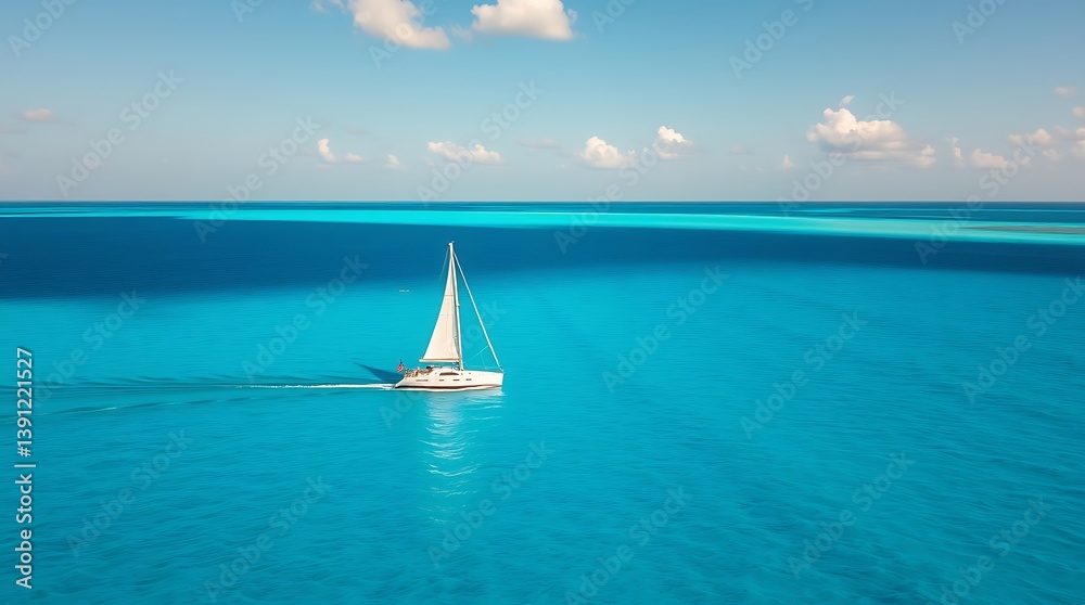 Obraz premium Serene Sail on Turquoise Waters: A lone sailboat navigates the expansive turquoise waters under a clear blue sky, evoking feelings of freedom, adventure, and tranquility.