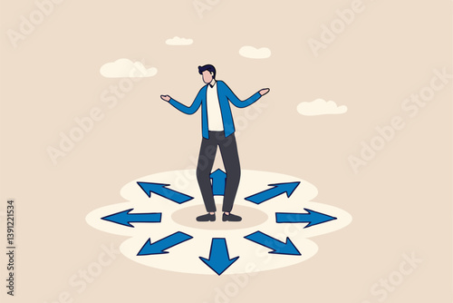 Choose career path, make life decision choice, decide the right or wrong direction, opportunity challenge, confusion or thinking to find the way concept, confused businessman choosing direction.