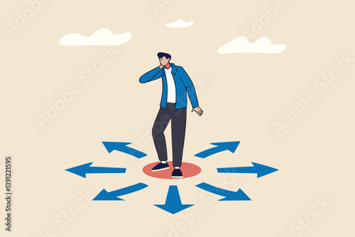 Choose career path, make life decision choice, decide the right or wrong direction, opportunity challenge, confusion or thinking to find the way concept, confused businessman choosing direction.
