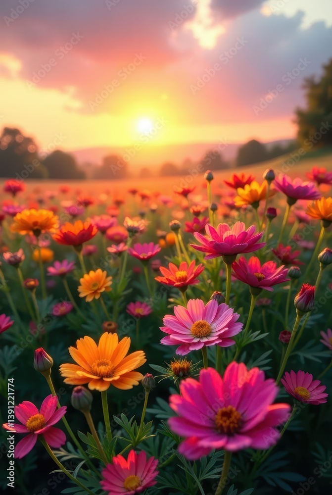 Obraz premium Vibrant Field of Blossoms at Sunset A Stunning Display of Colorful Flowers Basking in the Golden Hour Light