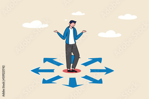 Choose career path, make life decision choice, decide the right or wrong direction, opportunity challenge, confusion or thinking to find the way concept, confused businessman choosing direction.