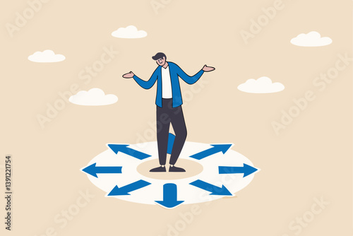 Choose career path, make life decision choice, decide the right or wrong direction, opportunity challenge, confusion or thinking to find the way concept, confused businessman choosing direction.