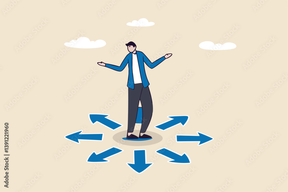 Choose career path, make life decision choice, decide the right or wrong direction, opportunity challenge, confusion or thinking to find the way concept, confused businessman choosing direction. Choose career path, make life decision choice, decide the right or wrong direction, opportunity challenge, confusion or thinking to find the way concept, confused businessman choosing direction.