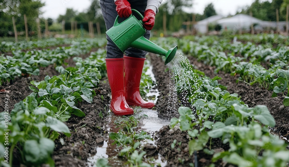 Fototapeta premium Watering Plants in a Vegetable Garden on a Cloudy Day