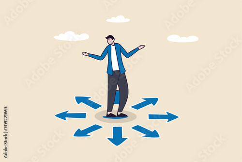 Choose career path, make life decision choice, decide the right or wrong direction, opportunity challenge, confusion or thinking to find the way concept, confused businessman choosing direction.
