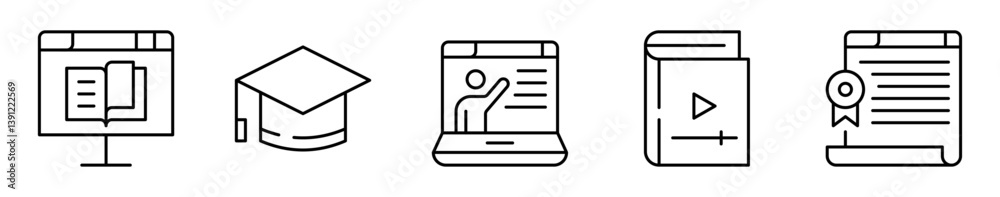 Conjunto de iconos de educación online. Aprendizaje virtual, formación a distancia y certificación digital. Libro en pantalla, birrete, clase virtual, contenido multimedia, diploma en línea Conjunto de iconos de educación online. Aprendizaje virtual, formación a distancia y certificación digital. Libro en pantalla, birrete, clase virtual, contenido multimedia, diploma en línea