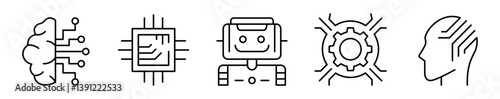 Conjunto de iconos de inteligencia artificial. Tecnología avanzada, automatización y pensamiento computacional. Cerebro conectado, chip, robot amigable, engranaje digital, mente tecnológica