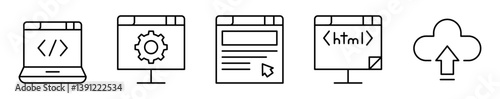 Conjunto de iconos de desarrollo web. Programación, configuración y despliegue digital. Laptop con código, monitor con engranaje, interfaz interactiva, almacenamiento en la nube. Ilustración vectorial