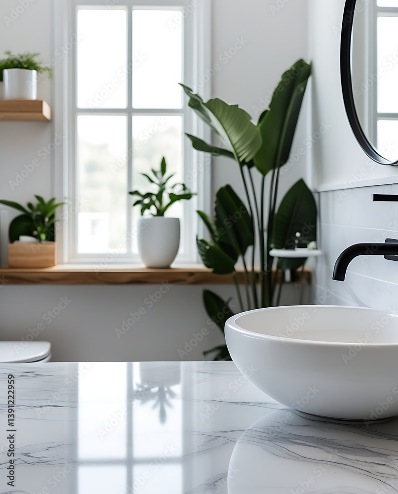 Fototapeta premium Minimalist bathroom interior with modern round mirror, marble countertop, and white vessel sink beside a large window and indoor plants, featuring natural daylight ambiance