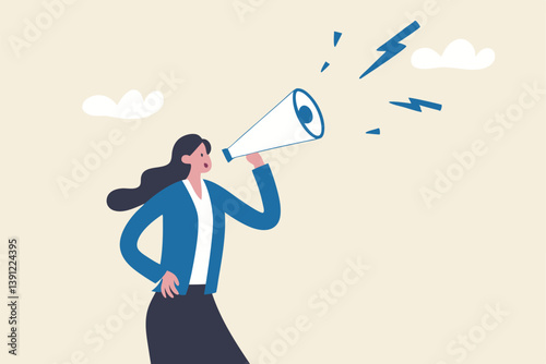 Attention announcement, important message or communicate broadcasting, loudspeaker or exclamation point loud voice concept, confidence businesswoman talking on megaphone with exclamation attention.