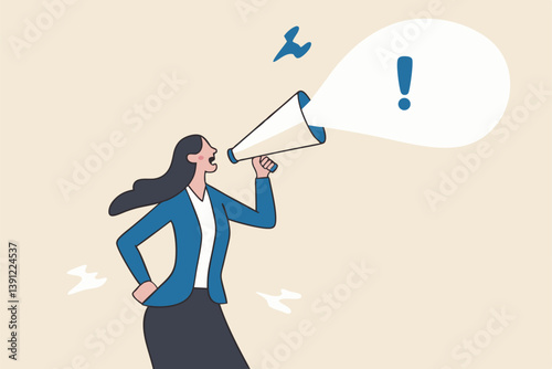 Attention announcement, important message or communicate broadcasting, loudspeaker or exclamation point loud voice concept, confidence businesswoman talking on megaphone with exclamation attention.