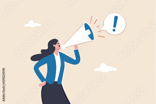 Attention announcement, important message or communicate broadcasting, loudspeaker or exclamation point loud voice concept, confidence businesswoman talking on megaphone with exclamation attention.