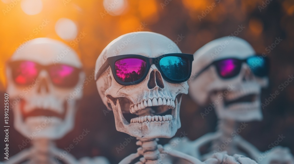 Three skeletons with sunglasses are joyfully positioned together outdoors, celebrating the sunny atmosphere around them