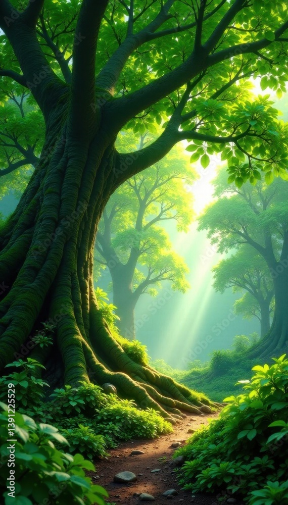 Naklejka premium Lush green canopy, ancient roots, dappled sunlight, pattern, nature photography, dense