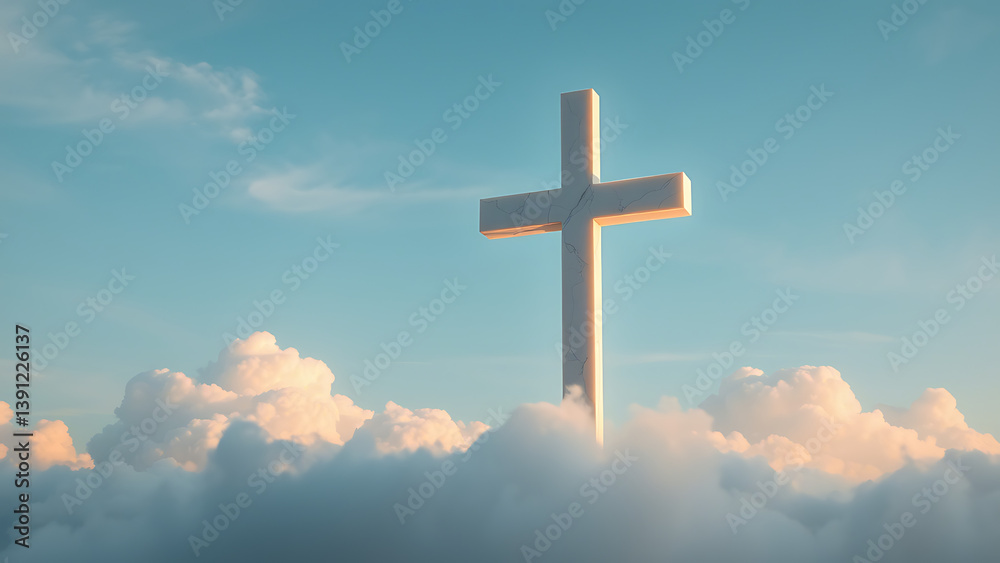 White Marble Cross with Glowing Aura, Suspended in Sky, Surreal Easter Scene White Marble Cross with Glowing Aura, Suspended in Sky, Surreal Easter Scene