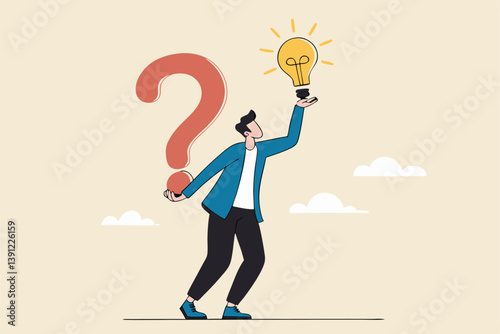 Question and answer, q and a or solution to solve problem, FAQ frequently asked question, help or creative thinking idea concept, smart businessman holding question mark sign and lightbulb solution.