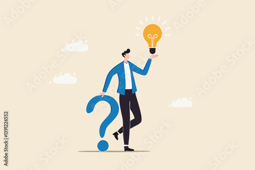 Question and answer, q and a or solution to solve problem, FAQ frequently asked question, help or creative thinking idea concept, smart businessman holding question mark sign and lightbulb solution.