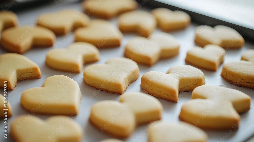 Heart-shaped cookies baking on a tray Heart-shaped cookies baking on a tray
