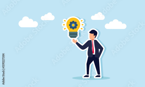 Businessman showing a glowing light bulb labeled with a gear, illustration of presenting business ideas about efficient work systems