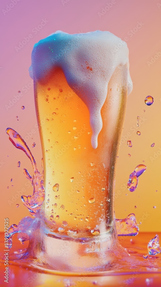 Fototapeta premium 3D illustration of a frosty cold beer with condensation on the glass, set against a vibrant backdrop, perfect for International Beer Day greetings, evoking a refreshing and celebratory atmosphere.