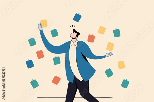 Frustrated or overwhelmed from multitasking, work overload too many tasks, busy overworked, appointment or tired exhausted concept, frustrated businessman working with chaotic sticky notes.