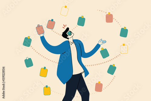 Frustrated or overwhelmed from multitasking, work overload too many tasks, busy overworked, appointment or tired exhausted concept, frustrated businessman working with chaotic sticky notes.