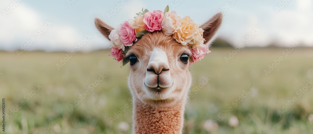 Fototapeta premium Lama summer concept. Adorable alpaca wearing a floral crown in a grassy field.