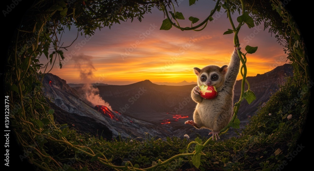 Obraz premium Monkey Enjoying Apple While Hanging From Vine with Volcano Background