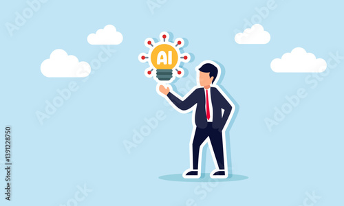 Businessman shows a light bulb labeled AI with small light ornaments, illustration of presenting business ideas and innovations using AI