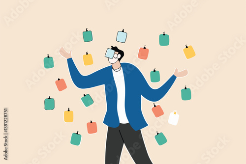 Frustrated or overwhelmed from multitasking, work overload too many tasks, busy overworked, appointment or tired exhausted concept, frustrated businessman working with chaotic sticky notes.