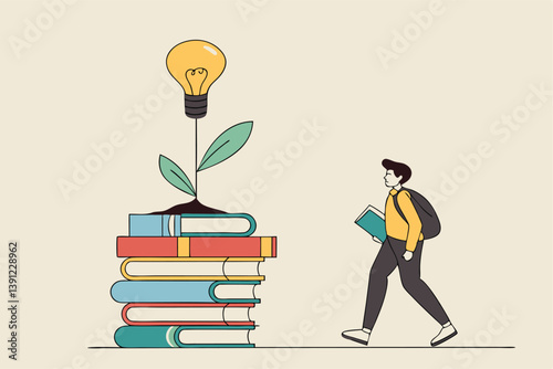 Knowledge, wisdom to create new idea, creativity or innovation from reading books, education or learning new skill to success, study or library, smart young man with book stack with light bulb plant.