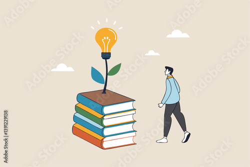 Knowledge, wisdom to create new idea, creativity or innovation from reading books, education or learning new skill to success, study or library, smart young man with book stack with light bulb plant.