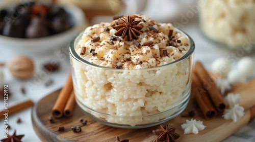 Cuban arroz con leche cinnamon rice pudding a white bowl clean presentation