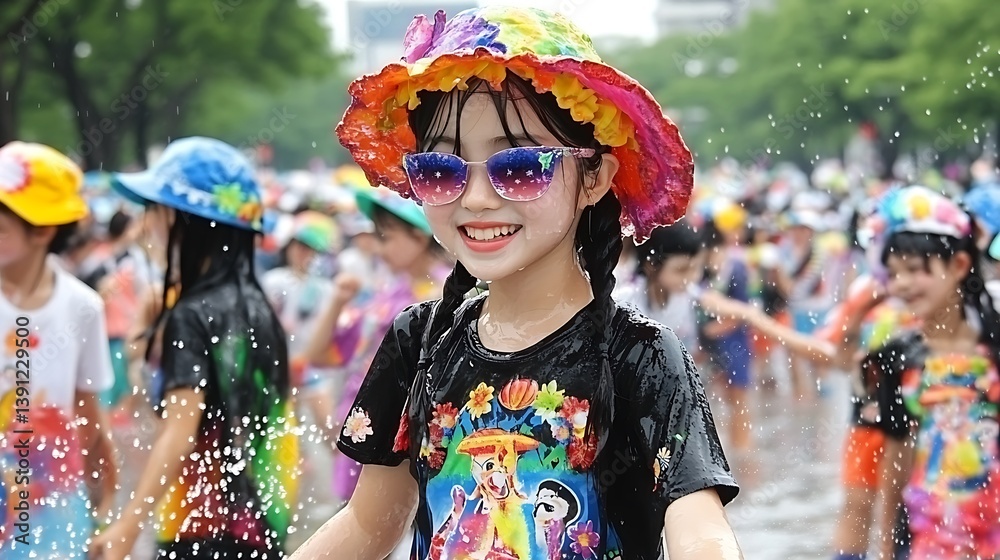Fototapeta premium Happy Girl Playing in Water Summer Fun Colorful Hat and Sunglasses