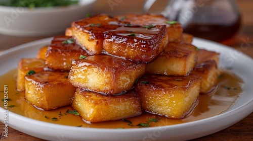 Cuban torrejas bread soaked syrup and fried plated on a white ceramic dish