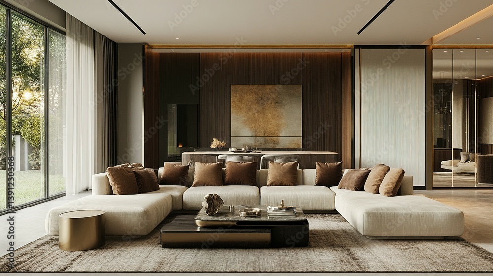 A modern living room displaying sophisticated luxury and comfortable design A modern living room displaying sophisticated luxury and comfortable design