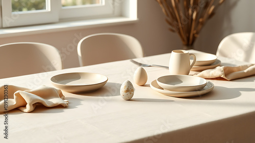 Wallpaper Mural Scandinavian Style Easter Table with Beige Tablecloth, Ceramic Dishes, Egg Centerpiece, Soft Natural Lighting Torontodigital.ca