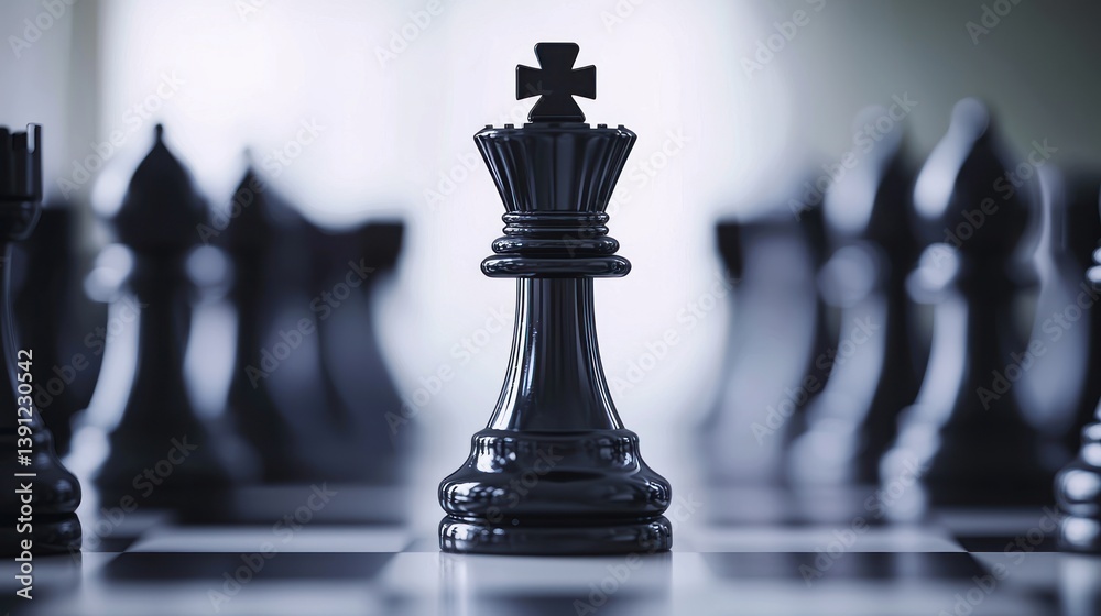 Abstract concept of leadership: one black chess king standing alone on a white background