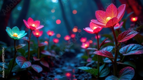 Illuminated flora in a mystical woodland setting, glowing with ethereal light amidst the shadows of night