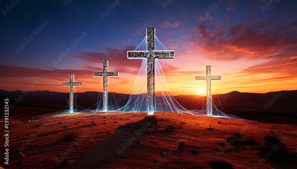 Obraz premium Illuminated Crosses on Hill at Sunset with Futuristic Light Cables – Christian Symbolism Concept Art