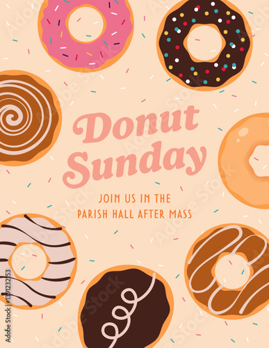 Donut Sunday Poster - concept for Church social, coffee and donuts after Mass, editable 