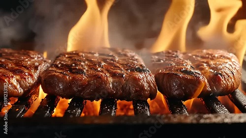 Close Up Juicy Beef Burgers Grilling On Hot Flaming Grill