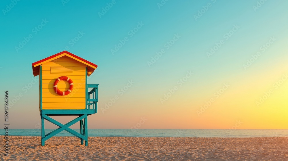 Lifeguard tower concept. Colorful lifeguard station on a beach at sunset with calm ocean waves. Lifeguard tower concept. Colorful lifeguard station on a beach at sunset with calm ocean waves.