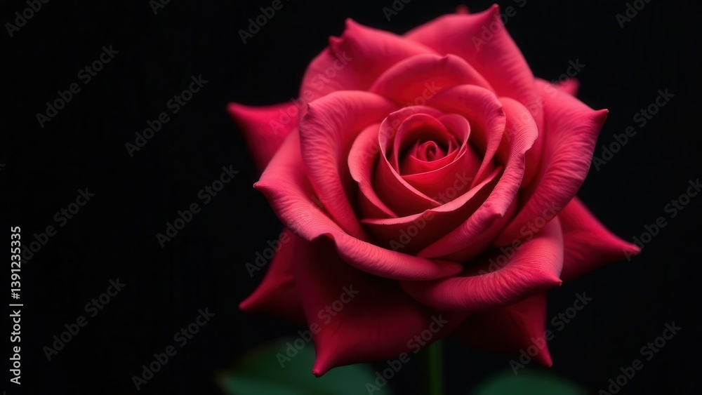 Fototapeta premium A single crimson rose, elegantly displayed against a stark black backdrop, showcases its velvety petals and intricate details in a captivating close-up