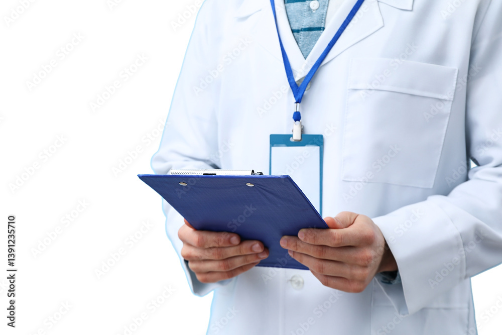 A healthcare professional stands holding a clipboard while wearing a lab coat and badge, isolated on white, PNG