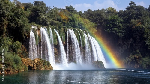 Cascading waterfalls and natural splendor in a lush environment scene