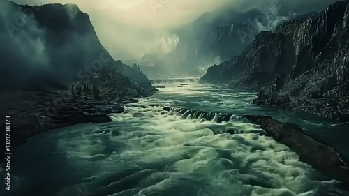 Dark Green River in a Misty Mountain Canyon
